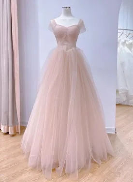 Pink Sweetheart Tulle Beaded Long Party Dress, Pink Tulle Prom Dress Evening Dress