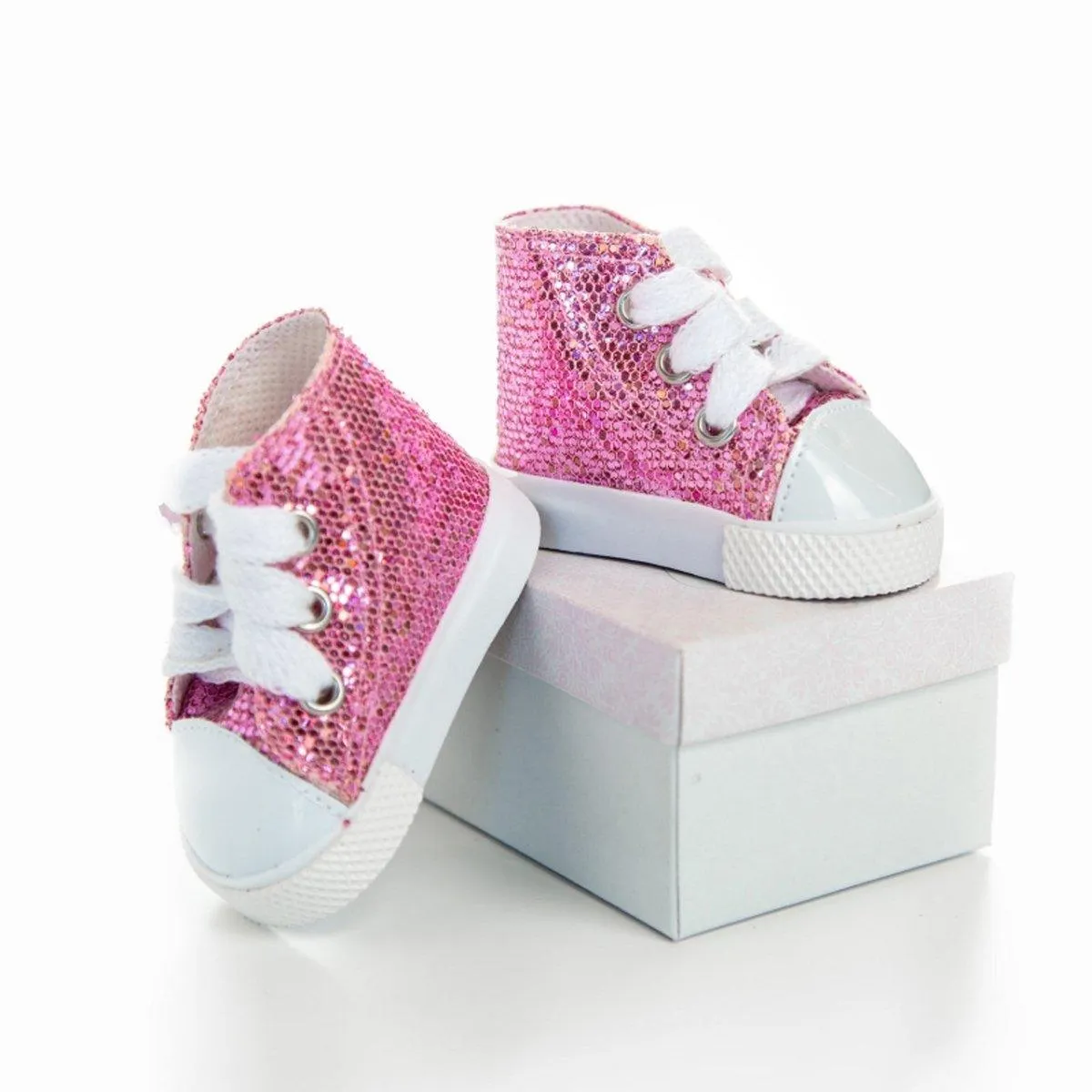 Queen's Treasures Sparkly Pink Sneakers and Shoe Box for 18" Dolls