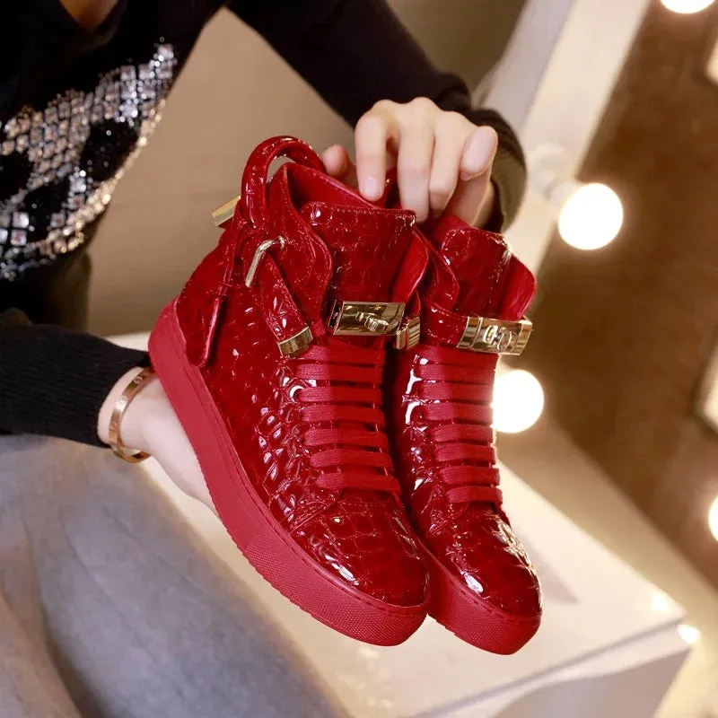 Red Embossed Crocodile High Top Sneakers/Leather Designer Boots Shoes