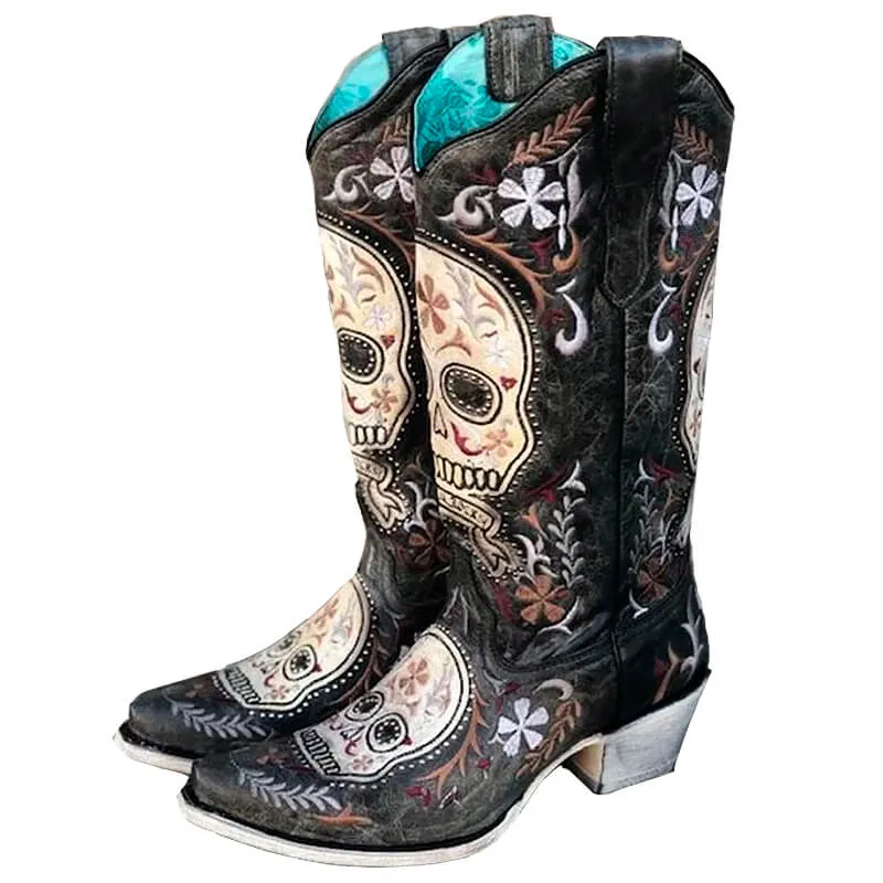 Skull Embroidery Mexican Skull Cowboy Boots