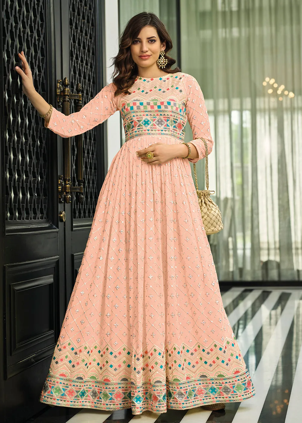 Soft Peach Trendy Georgette Embellished Anarkali Suit