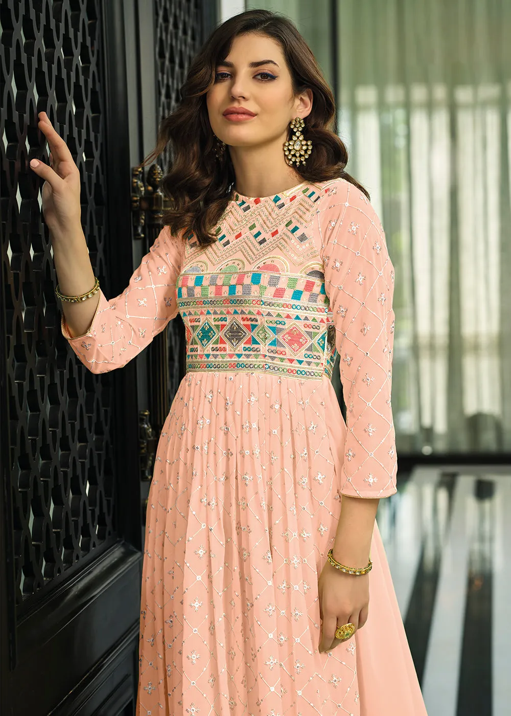 Soft Peach Trendy Georgette Embellished Anarkali Suit