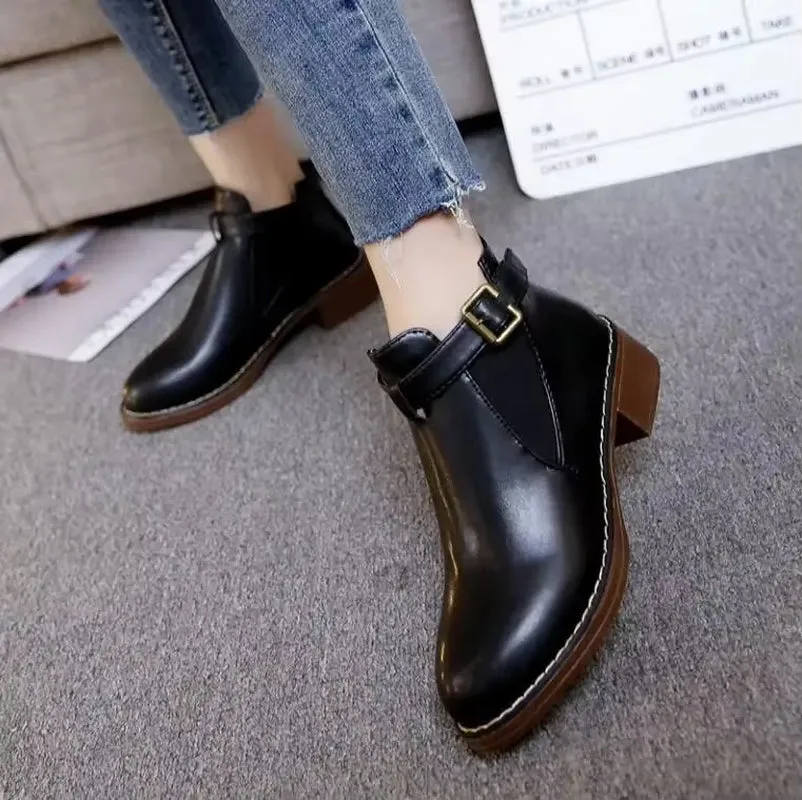 Spring and Autumn Single Soft Leather 2024 Korean Women'S Short Boots Thick Heel Buckle Strap Single Boots anti Slip Versatile