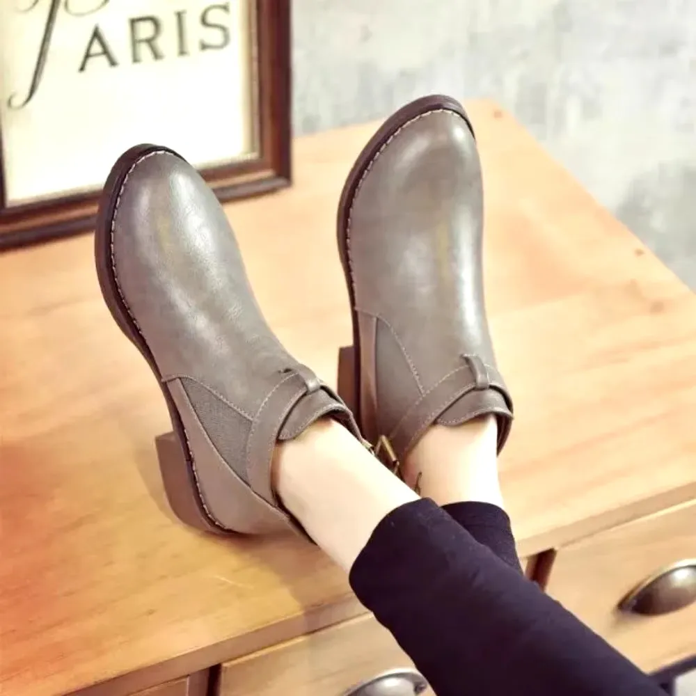 Spring and Autumn Single Soft Leather 2024 Korean Women'S Short Boots Thick Heel Buckle Strap Single Boots anti Slip Versatile