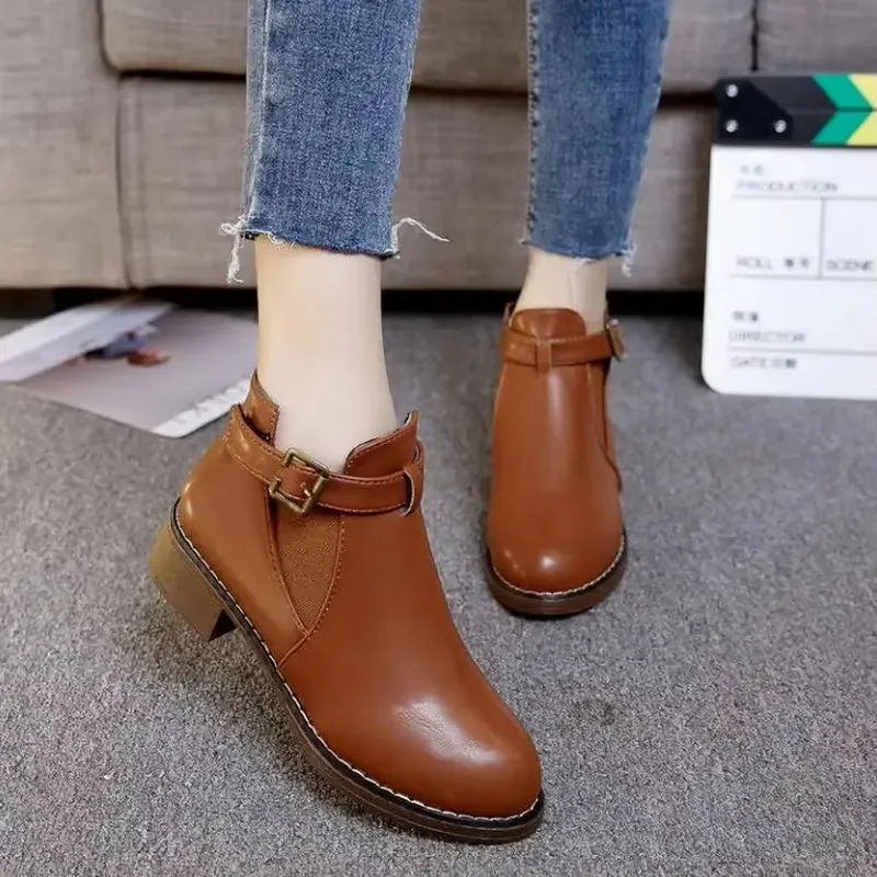 Spring and Autumn Single Soft Leather 2024 Korean Women'S Short Boots Thick Heel Buckle Strap Single Boots anti Slip Versatile