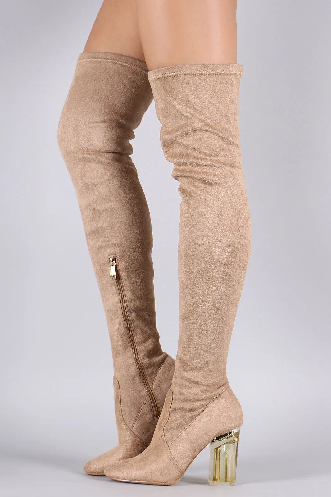 Suede Chunky Lucite Heeled Over-The-Knee Boots