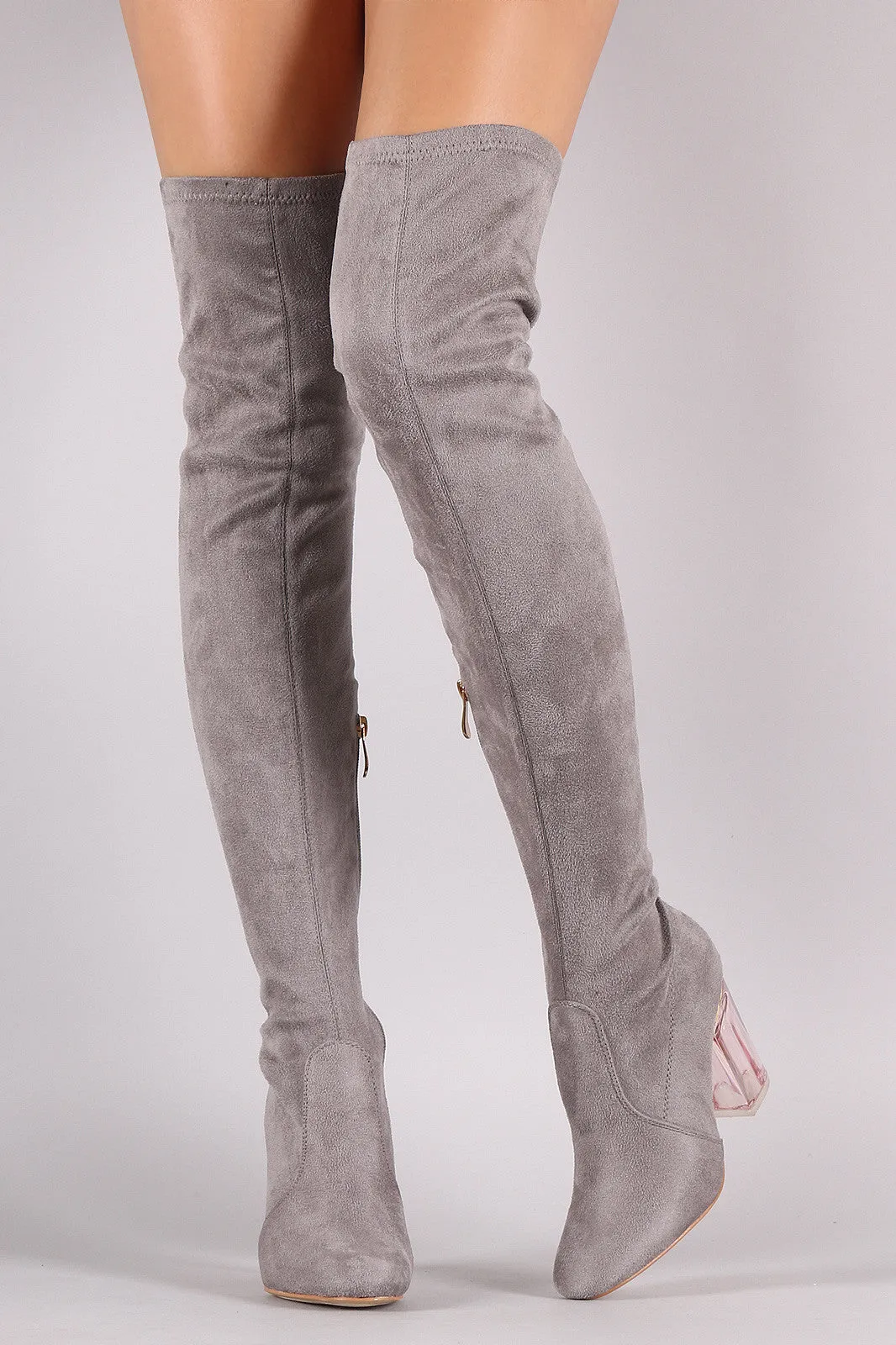 Suede Chunky Lucite Heeled Over-The-Knee Boots