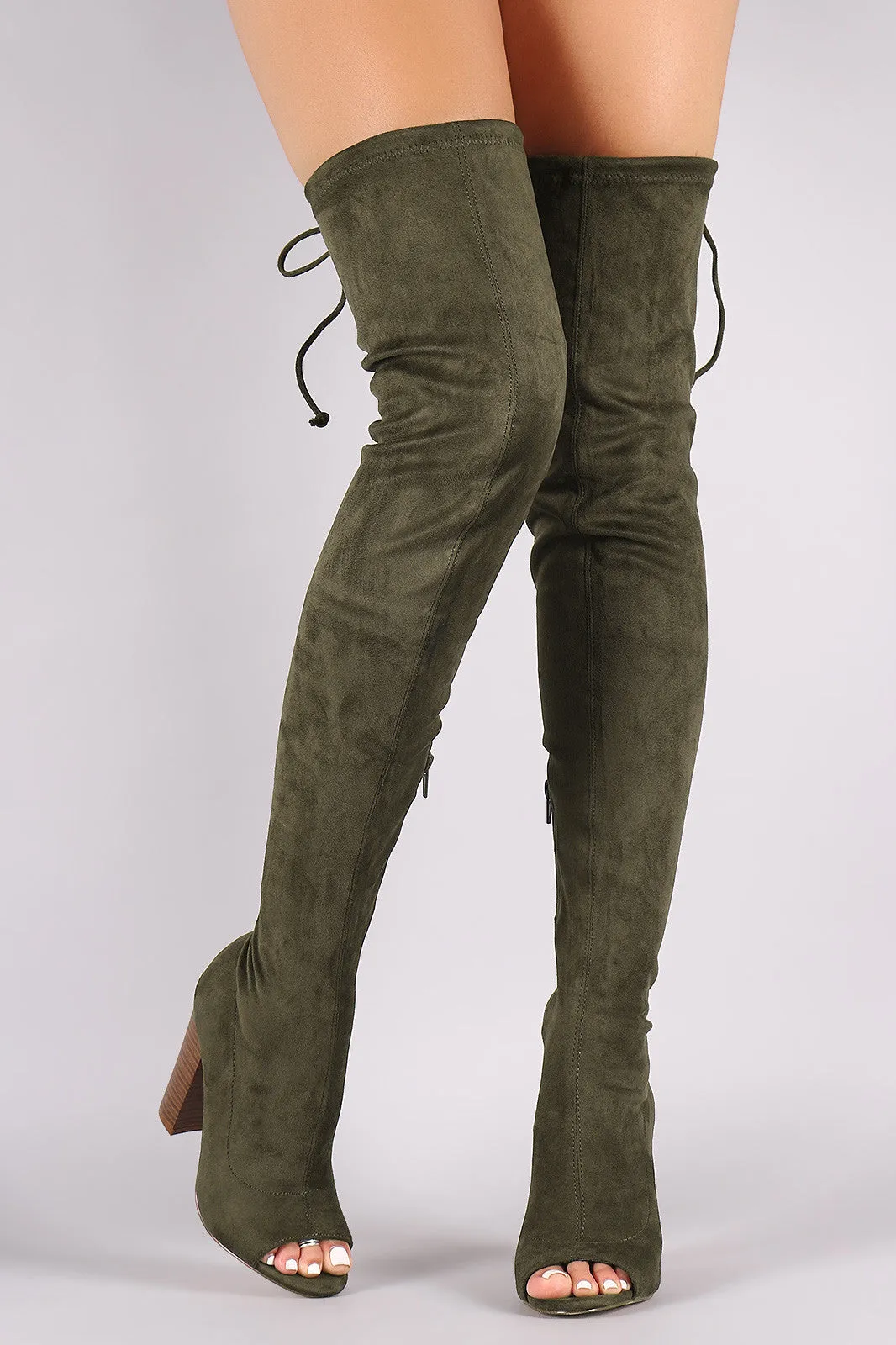 Suede Drawstring-Tie Chunky Heeled Over-The-Knee Boots