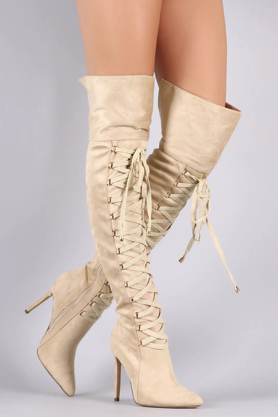 Suede Pointy Toe Lace Up Stiletto Over-The-Knee Boots