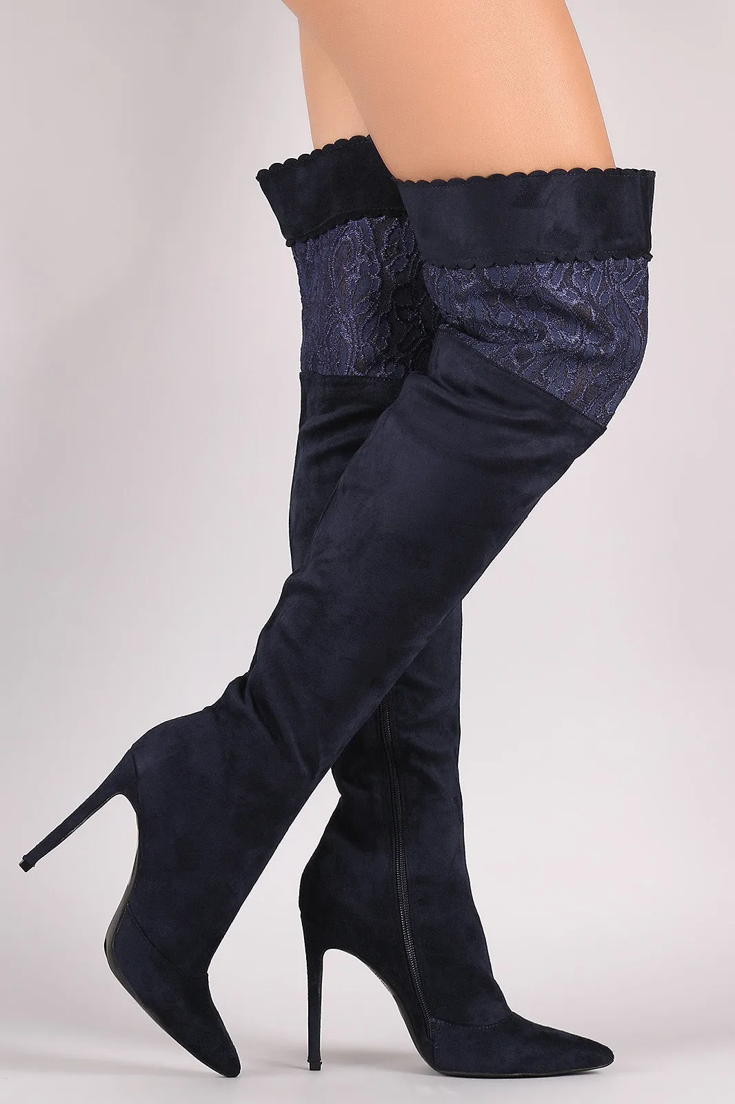 Suede Scalloped Lace Panel Pointy Toe Stiletto Boots