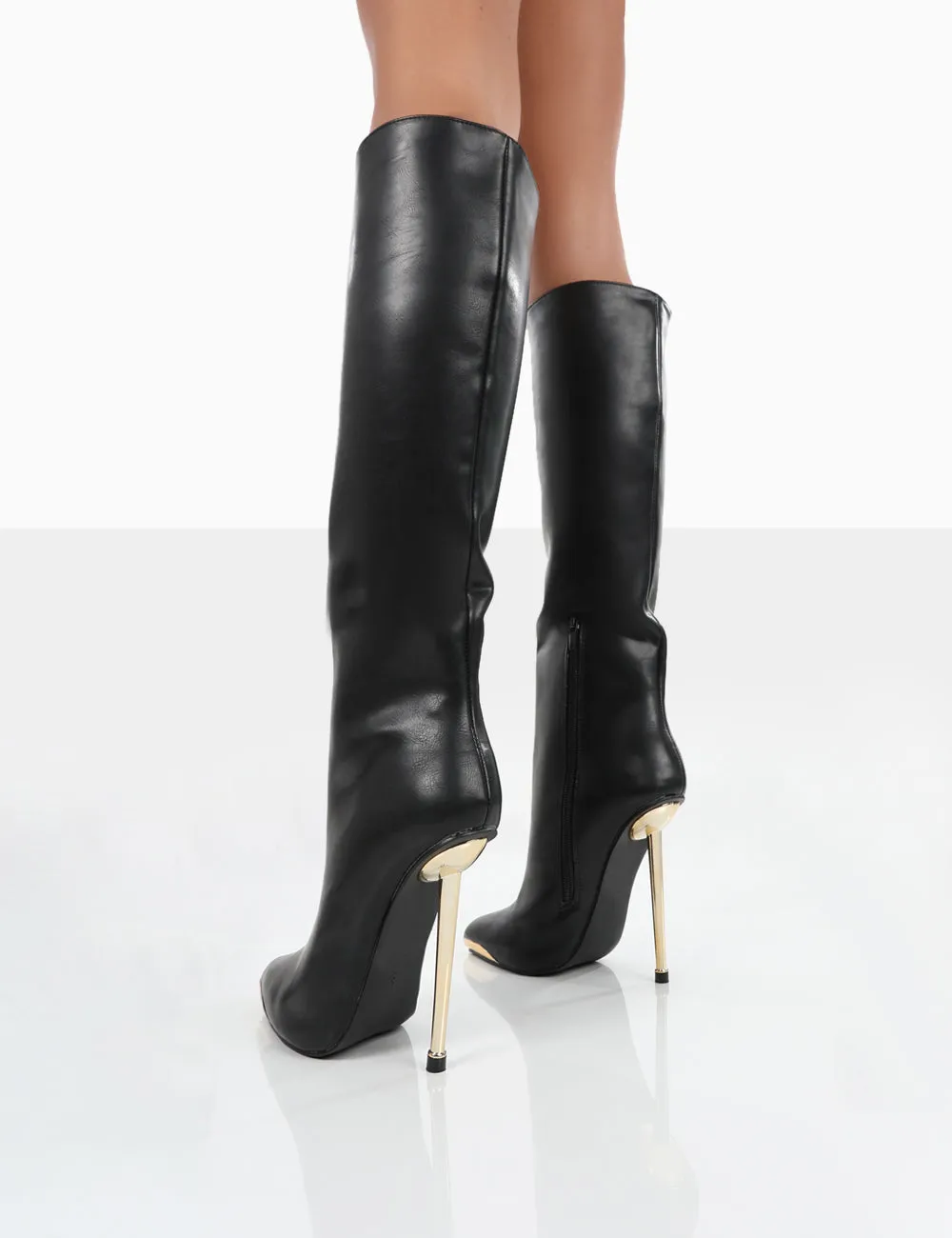 Tala Black PU Pointed Toe Stiletto Heel Knee High Boots