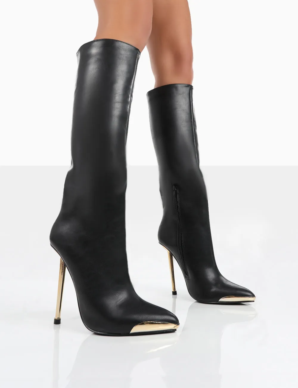 Tala Black PU Pointed Toe Stiletto Heel Knee High Boots