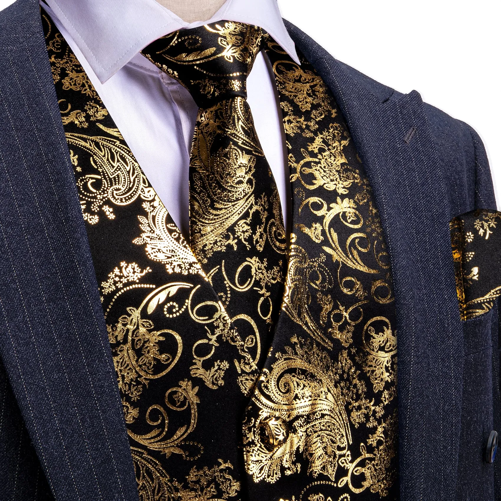 Ties2you Vest for Men Black Gold Floral V Neck Hot Stamping Silk Vest Dress Tie Set