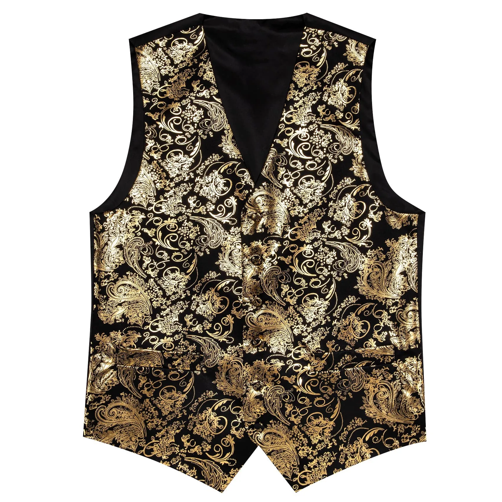 Ties2you Vest for Men Black Gold Floral V Neck Hot Stamping Silk Vest Dress Tie Set