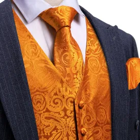 Ties2you Vest for Men Cinnamon Orange Floral Silk Button Vest Tie Pocket Square Cufflinks Set