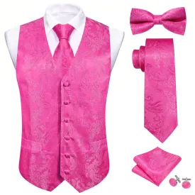 Ties2you Vest for Men Deep Pink Paisley Silk Vest Tie Bow Tie Set 5PC