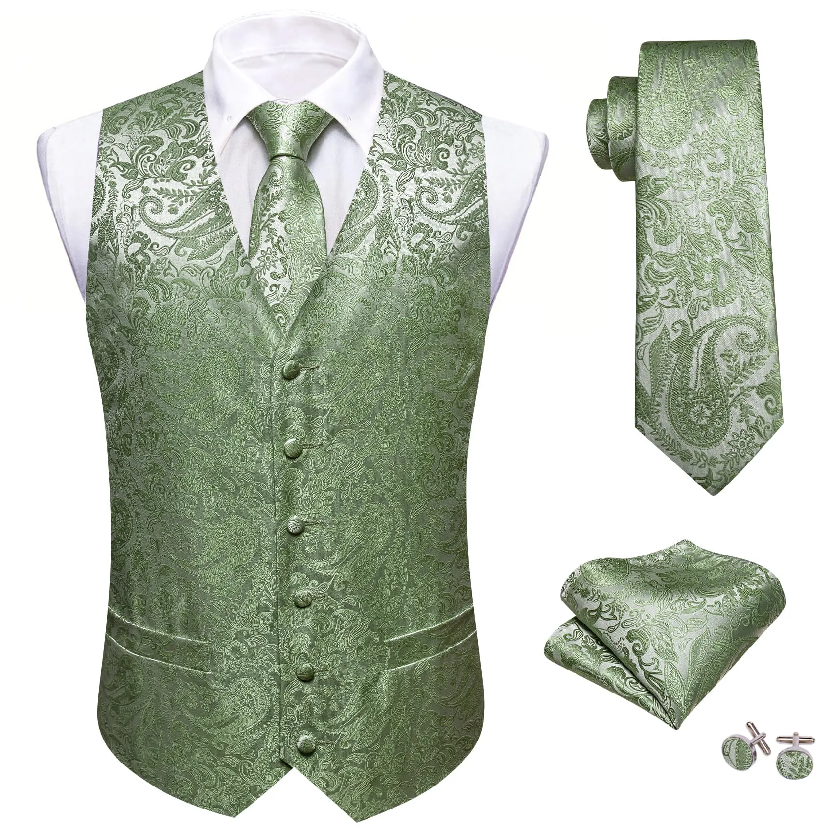 Ties2you Vest for Men Sage Green Paisley Silk Button Dress Vest Tie Pocket Square Cufflinks Set