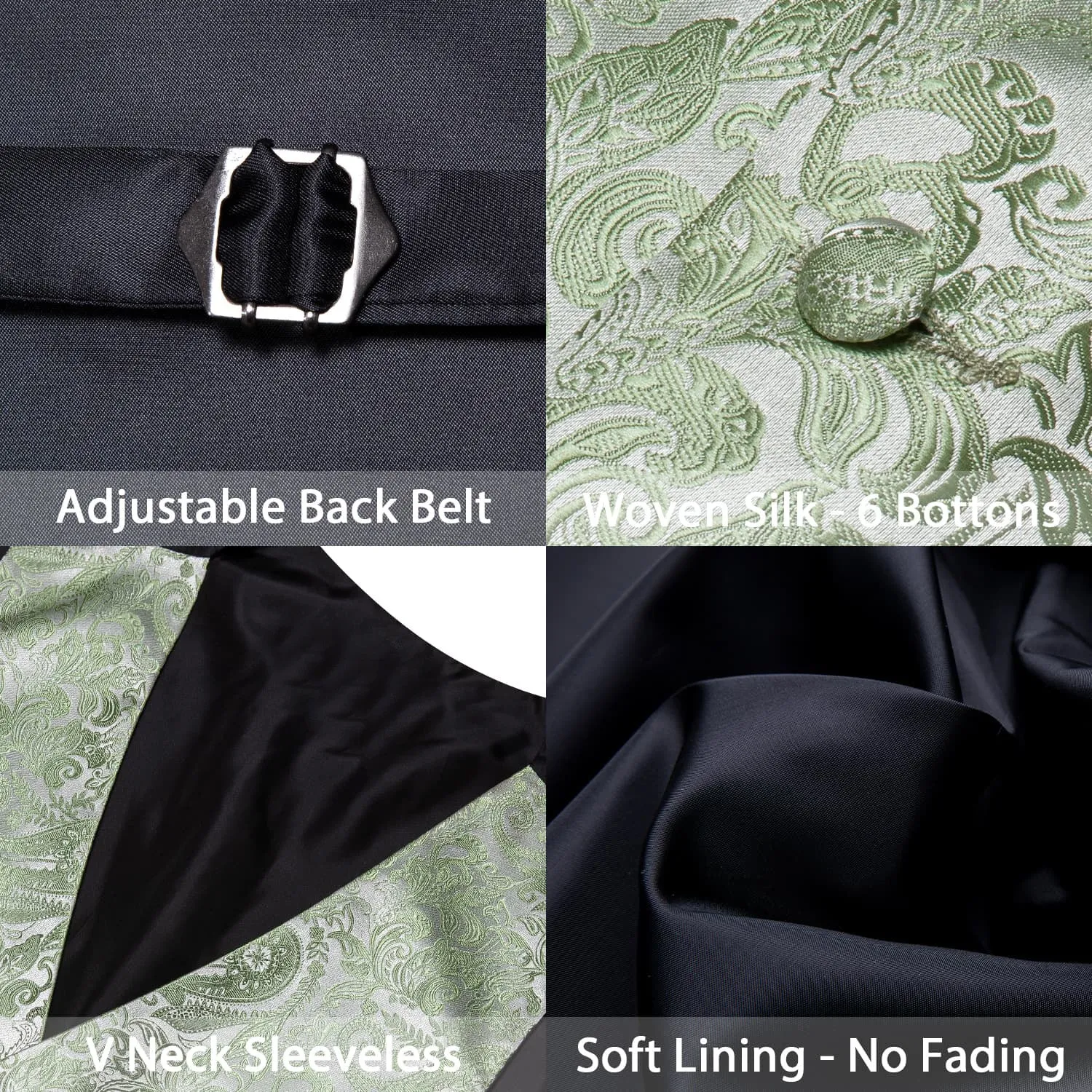 Ties2you Vest for Men Sage Green Paisley Silk Button Dress Vest Tie Pocket Square Cufflinks Set