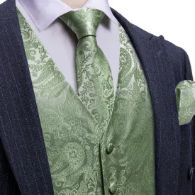 Ties2you Vest for Men Sage Green Paisley Silk Button Dress Vest Tie Pocket Square Cufflinks Set