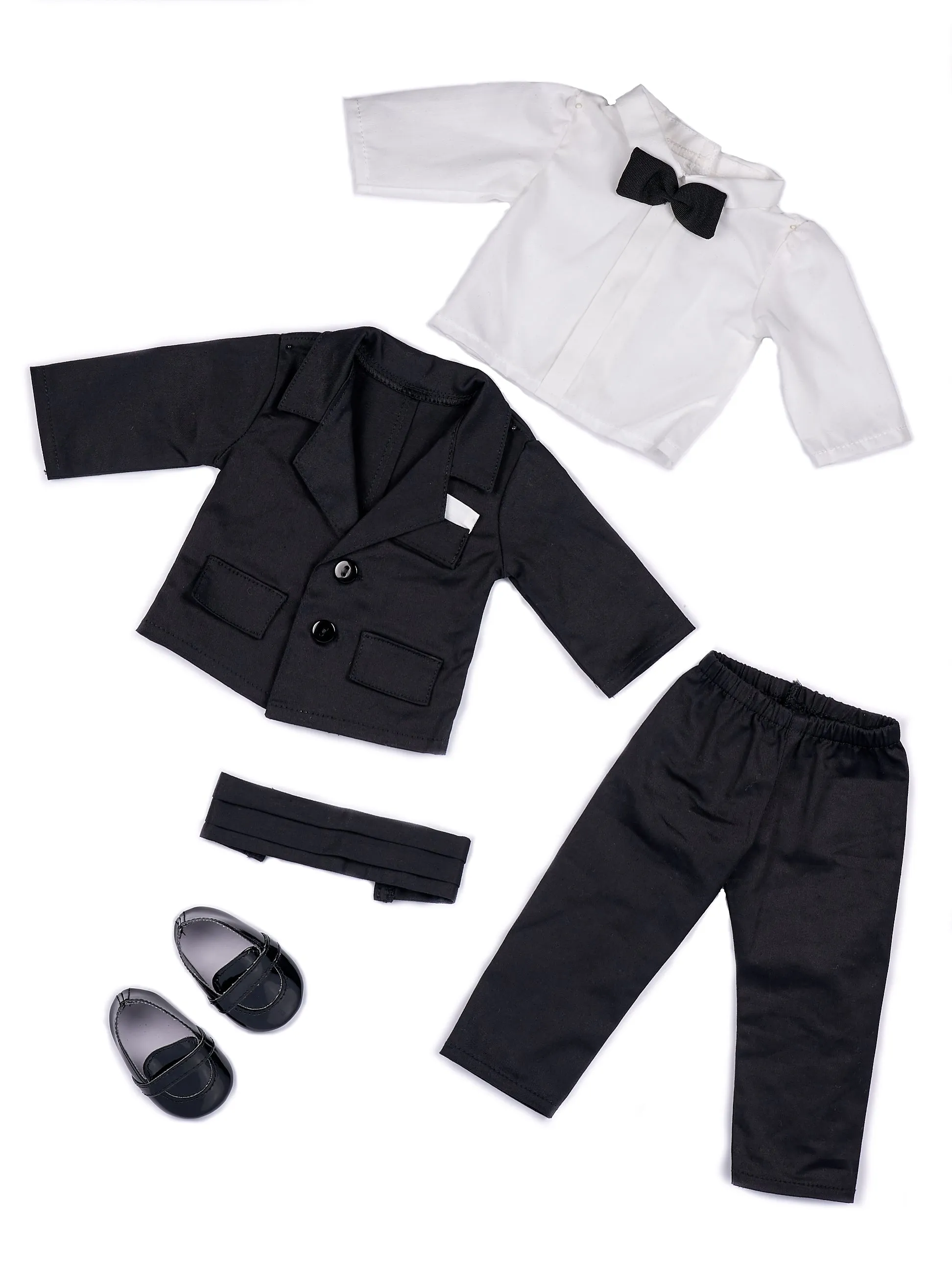 Tuxedo -  18 Inch Doll Clothes - 5 Piece Tuxedo Set - Black Jacket, Pants, Belt, White Shirt, Dress Shoes