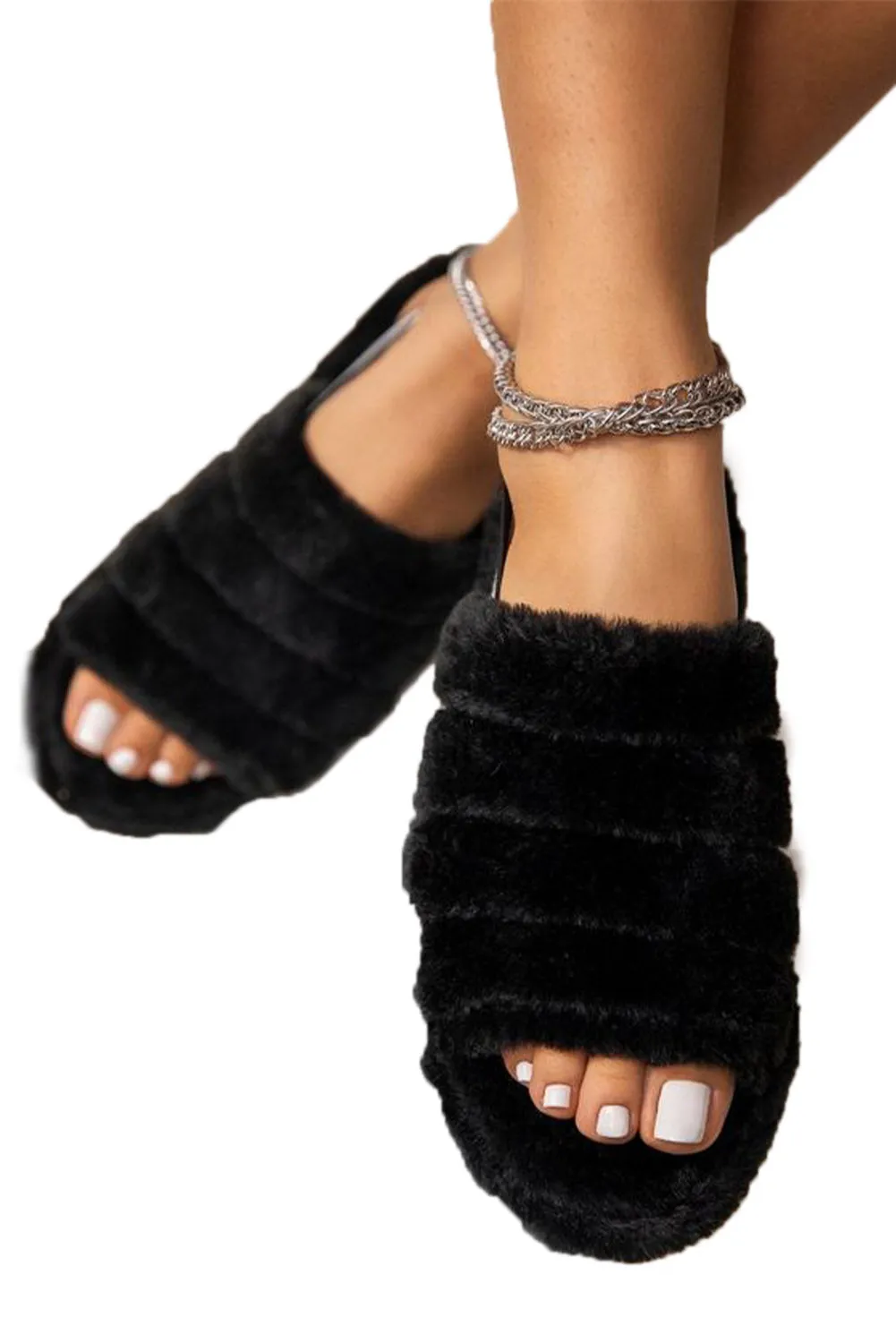 Women's Fuzzy Open Toe Leopard Printed Open Toe Slip On House